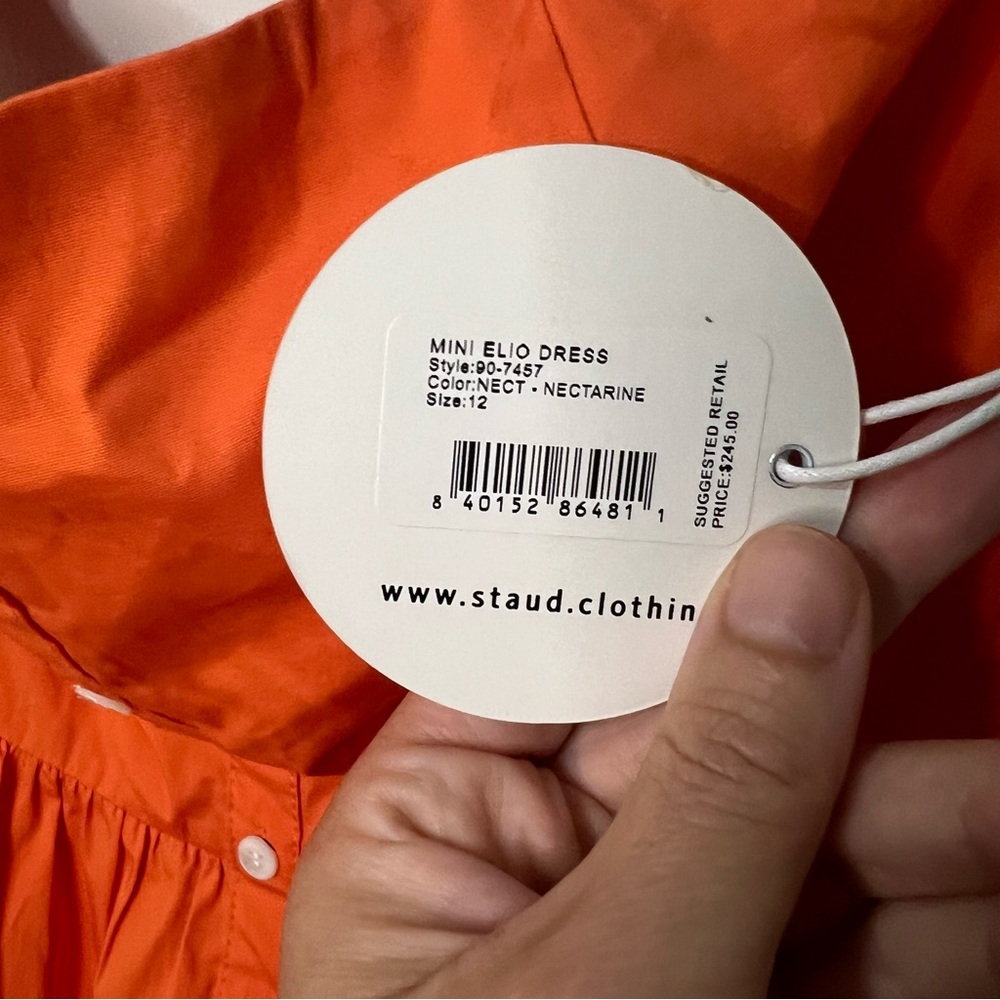 STAUD Elio Summer Mini Dress Off Shoulder Button Front Nectarine Orange Sz 12 - Picture 5 of 8